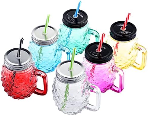 Mygift 17 oz copos de caneca de jarra com alças, canudos e tampas - copo de bebida reutilizável em forma de abacaxi colorido, conjunto de 6