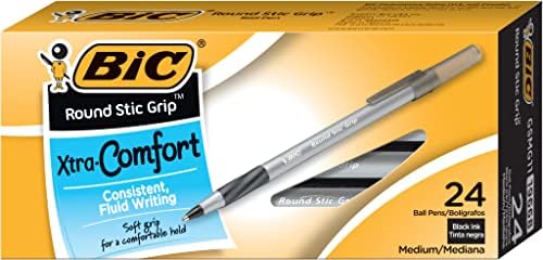 Bic Round Stic Grip Xtra Comfort Ball Caneta, ponto médio, preto, 24 contagem, aderência macia, escrita de fluido