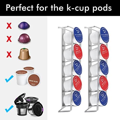 Kes Coffee POD Solder para Keurig, suporte de copo de metal K, armazenamento adesivo de copo K, montagem lateral K Copo pequeno espaço pequeno, cinza, 2 pacote/para 10 k xícaras, KCPH500-GY-P2