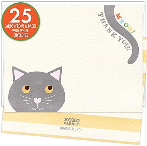 Koko Paper Co Meow! Obrigado! Cat Cartões de agradecimento. Conjunto de 25 cartões e envelopes brancos. PUUR-FECT HAY de dizer obrigado!