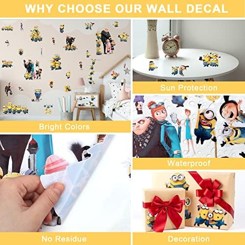 Decalques de parede de desenhos animados, 21 pcs grandes desgasta de filme desprezível Startador de parede Peel e Stick Removable Anime Wall Mural Decor para crianças Baby Bermery Decoração da sala de estar