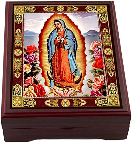 Rosário Box Nossa Senhora de Guadalupe Rosário Caixa de Icon de Wooden Box, 5 polegadas, presente religioso para mulher,