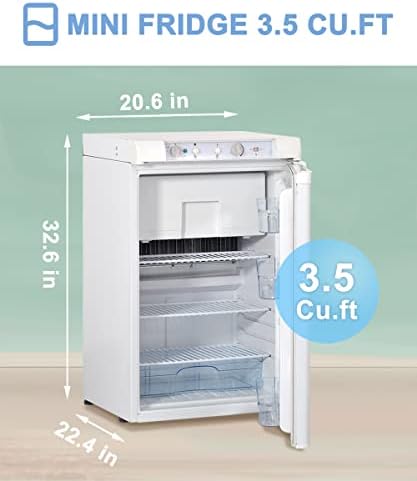 Refrigerador de propano Techomey RV com freezer 3.5 Cu.ft, geladeira de RV de 3 vias com porta reversível, geladeira AC/DC/gás para campista, cabine, semi -caminhão, van, silencioso, branco