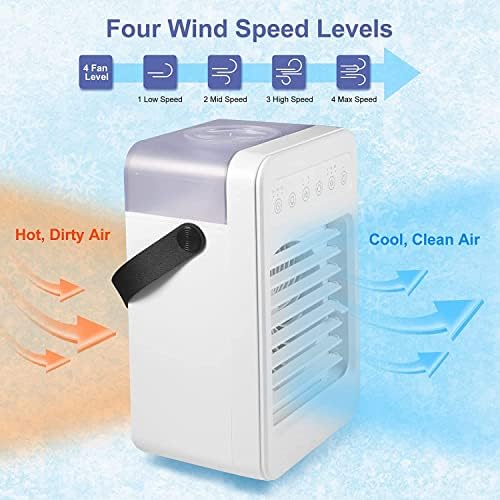 Ar condicionado portátil, 6 em 1 umidificador de refrigerador de ar evaporativo com 4 velocidades 7 cores Luz de 70 ° ASLIÇÃO USB