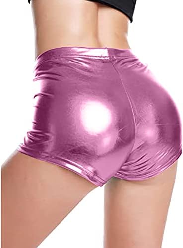Sexy cintura curta de couro de dança elástica e elástica de shorts de raves faux altos calças de mulheres metálicas de alto brilho