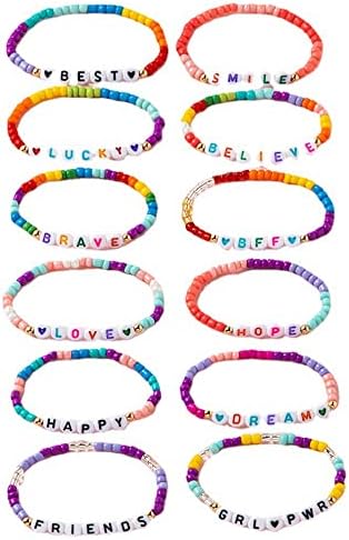 12 PCs Bracelet de crianças para meninas mulheres letra colorida Coração Breads Bracelets fofos amizade de pulseiras elásticas infantil