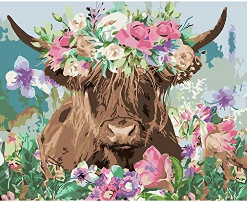 Mogtaa Cow Paint By Numbers, Flowers Pintura a óleo Kits Para adultos crianças, tinta DIY por números na tela de pintura a óleo de vaca Desenho de pintura com pincéis pigmento acrílico para decoração de casa