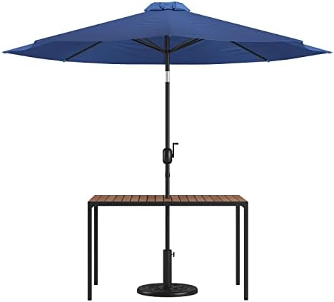 Flash Furniture Lark 3 Peças Conjunto de mesa de pátio ao ar livre - mesa de jantar de teca de faux natural - 30 x 48 Tabela de pátio de teca sintética com guarda -chuva e base da Marinha
