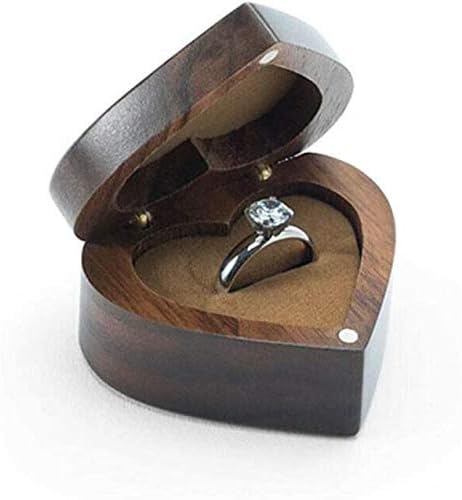 DSHOM Black Walnut Wooden Noiving Ring Box, Caixa de anel em forma de coração de madeira maciça para casamento de proposta