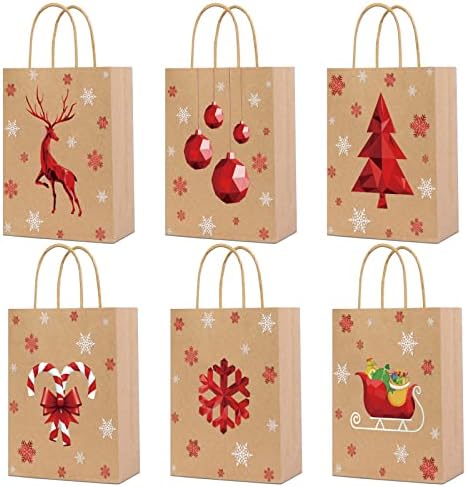 Lionoble 24 Pack Sacos de presente de Natal em massa, 6 projeta sacos de presente de papel kraft com alças, bolsa de presente de Natal reutilizável, sacolas de favor de festas de férias, sacolas de brindes de Natal, 9 x7 x3.2