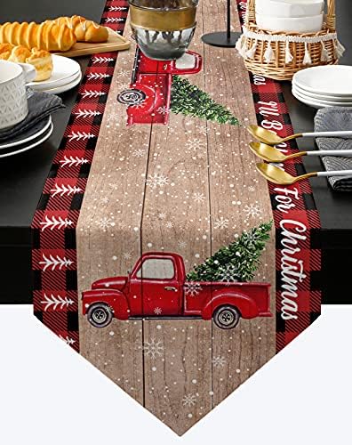 Mesa de Natal Runner - 90 polegadas de comprimento, caminhão vermelho puxe a árvore de Natal na prancha de madeira, cômoda
