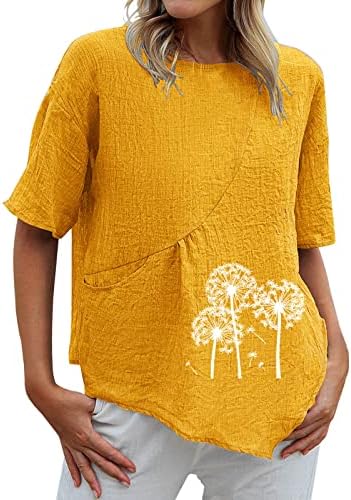 Camisetas de linho de algodão para mulheres tripulantes de verão de manga curta Flores da moda Blusa vintage Solid Loose Tunic Tops