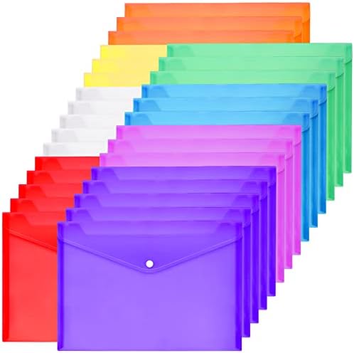 30pcs envelopes de plástico, envelopes poli com fechamento do botão Snap, pastas de documentos claras letra A4 envelopes de arquivo, pastas de arquivo de plástico para a organização do escritório de trabalho em casa, 8 cores variadas