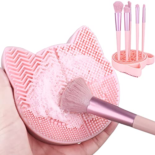 2 em 1 Design Makeup Brushing Cleaning Tapete com escova de secagem, Silicon Cat em forma de gato Cleaner Pad & Cosmetic Brush