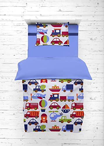 BACATI - Transporte Blue 4 peças meninos de cama de criança conjunto 100 % de algodão inclui consolador reversível, folha ajustada, lençol superior e travesseiro para meninos