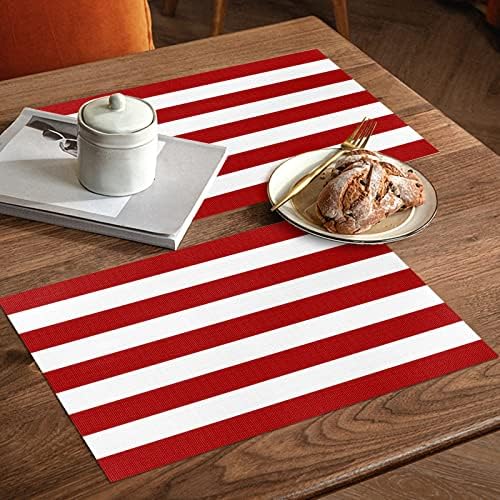 Red Stripes Placemats Conjunto de 6 para mesa de jantar, tapetes de mesa laváveis ​​em PVC, tats de textura branca vermelha