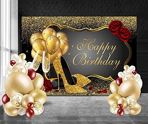 Mocsicka Glitter Gold e Black Birthday Birthday Bordado para Mulheres Rosa Rospa Alta Photography Ballons Champagne Balloons de Balões de Aniversário Supplies