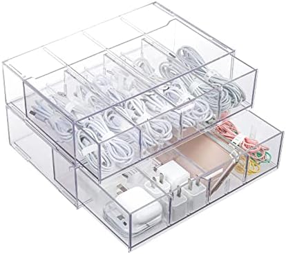 YeSion 2 embalam a gaveta de organizador de cabos de plástico transparente com compartimentos ajustáveis ​​e 40pcs de arame, caixa de gerenciamento de cordões eletrônicos grandes, caixa de armazenamento de acessórios para escritórios