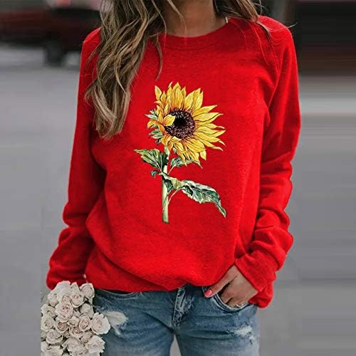 Sorto de gole de tripulação para mulheres Trendy Girlower Print Casual Slova longa Pullover de manga longa Fit Fit Fashion