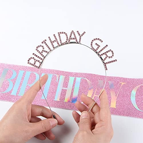 Junyruny Birthday Girl Glitter Sash & Tiara Conjunto, faixa de aniversário rosa e coroa de strass para mulheres, doces decorações