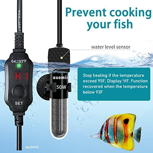 aquecedor de aquário submersível Auomii Mini, 25/50/100/150/200/300 WATTS aquecedor de tanque de peixe ajustável, termômetro interno,