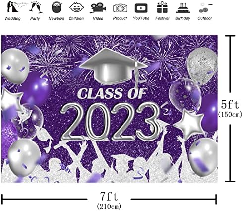 Aperturee Classe do cenário de graduação de 2023 7x5ft parabéns parabéns pós -graduação em prata e balões roxos pontos fogos de artifício