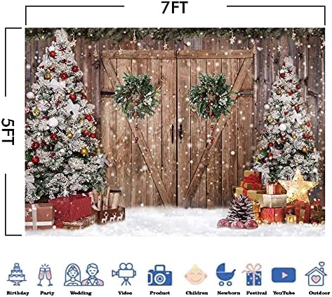 Felortte 7x5ft Polyester Fabric Winter Christmas Christmas Rústico Poço de madeira fotografia de pano de fundo Xmas Tree Snow Presentes Decoração Banco de fundo para Family Holiday Party Festies Fotos de estúdio de estúdio