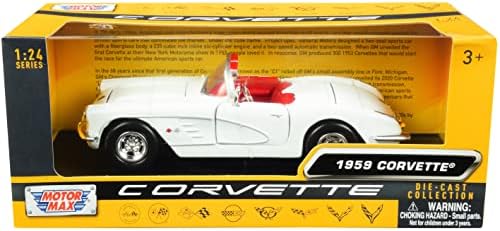 MotorMax Toy 1959 Chevy Corvette C1 Branco conversível com história do interior vermelho da série Corvette 1/24 Diecast