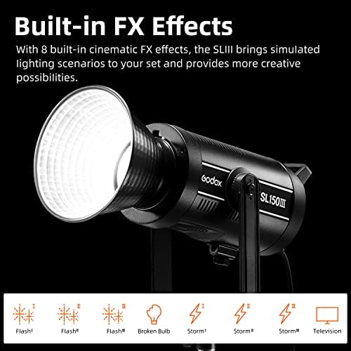 Luzes fotográficas de vídeo LED de LED de Godox SL150III 160W, Luzes de estúdio de Bowens-Mount para fotografia, iluminação contínua de saída, 8 efeitos de iluminação predefinidos no modo silencioso.