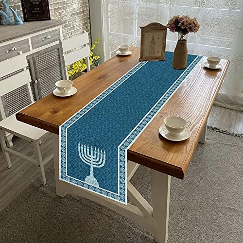 Linho 13x72 '' Hanukkah Table Runner Chanukkah Decoração de mesa Judaica Hanukkah Estrela de David Menorah Decoração