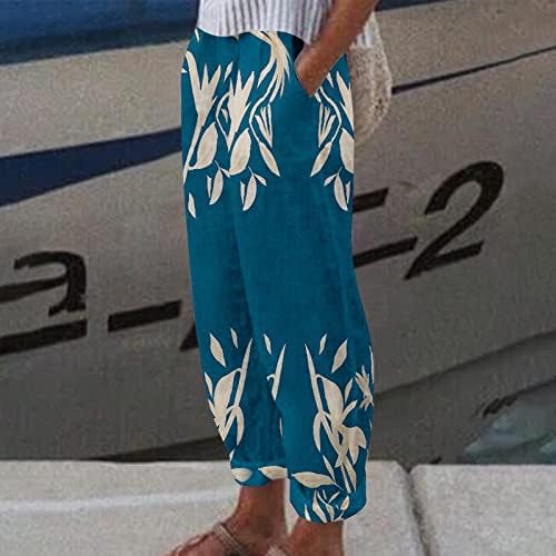 Calças de linho da cintura alta Oplxuo para mulheres de verão Palaz floral de pernas laras boho palazgo calças calças soltas com