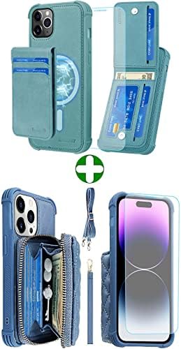 Monasay Zipper Cartlet Case para iPhone 14 Pro, [Protetor de tela de vidro] [Bloqueio de RFID] Flip Leather Bolsa Tampa com suporte