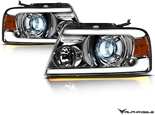 Alpha Owls 8707449 Faróis de projetor de LED completos com luminária de LED sequencial e luz de startup seqüencial-Chrome Amber Fits 2004-2008 Ford F150 / 2006-2008 Lincoln Mark Lt