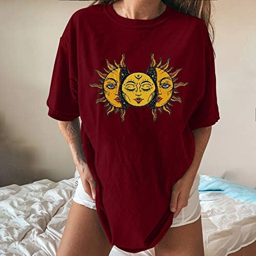 Camisa de tamanho grande feminino Casual Crewneck de manga curta Sol e lua com tampas soltas Blusa de tee confortável