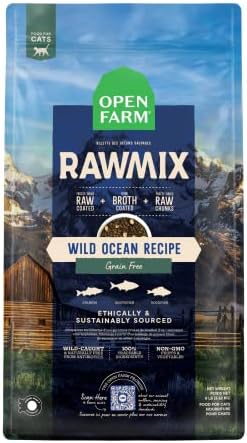 Receita de Open Rawmix Wild-Ocean para gatos, inclui ração, caldo de osso e liofilização seca, inspirada pela proteína