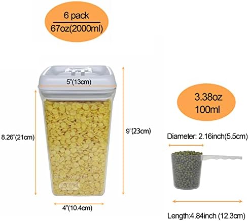 BPFY 6 Pacote de contêineres de cereais grandes Conjunto de armazenamento, contêineres de armazenamento de alimentos herméticos de 2l/67 onças com tampas para organização de cozinha e despensa