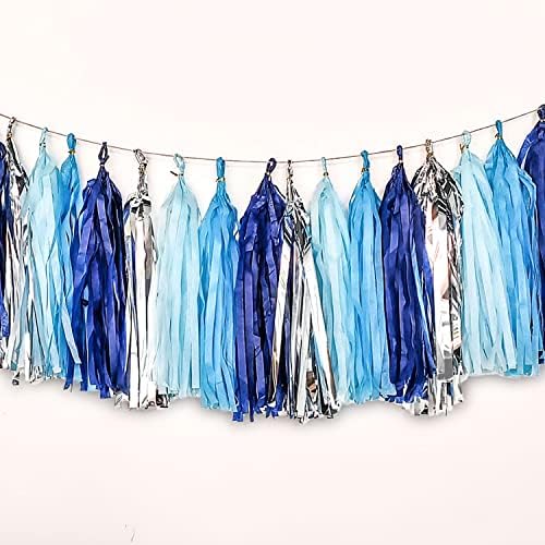 Garland de borla azul e prata, banner de borla de papel de papel azul, decoração de mesa, suprimentos de decoração de borlas de tecido