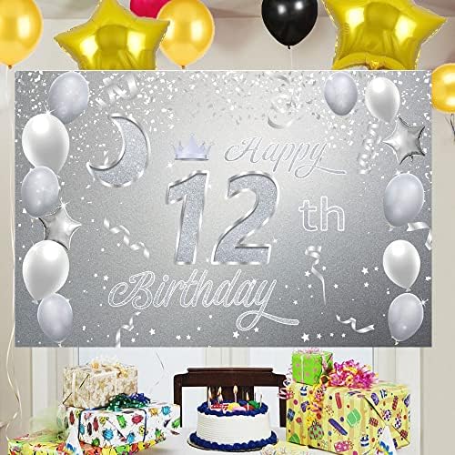 Doce feliz, 12º aniversário, poster de banner de 12º aniversário decorações de festa de aniversário 12º material de festa de aniversário 12º photo fundo para meninas, meninos, mulheres, homens - prata 72,8 x 43,3 polegadas