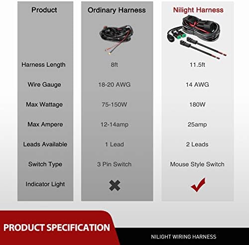 Nilight - 10036W 14AWG 11,5 pés DT Kit de cheiro de fiação do conector DT Barra de luz LED 12V On Off Switch Power Relay