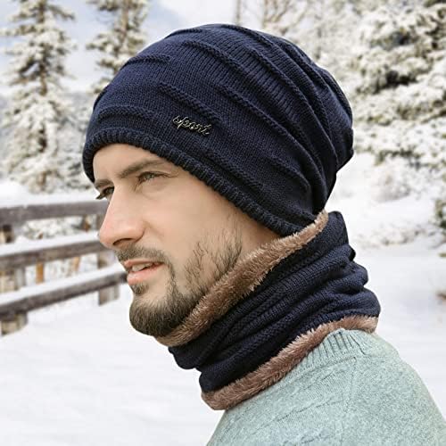 Hat de gorro de inverno quente e cachecol conjunto para homens lã de lã grossa forrada chapéu de chapéu de caveira de caveira