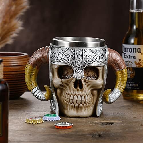 Meyas Viking Skull Beer caneca de cerveja Steins Tankard, aço inoxidável Handeld Horn Horn Coffee Cup, caneca de bebida de esqueleto de presente medieval, copo de bebida para cerveja/café/bebida/suco de decoração de 17 onças