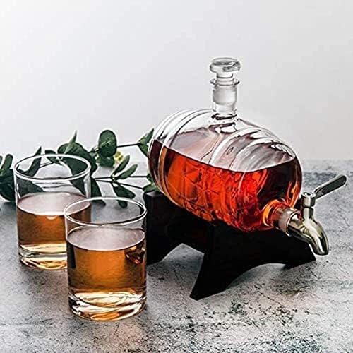 Brewix Whisky Decanter Whisky Decanter Conjunto de madeira com uma garrafa de vidro em forma de vinho da torneira Recipiente de garrafa de vidro 1000 ml com 2 copo de vidro, decantador de presente de festas de halloween uísque