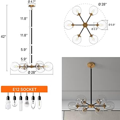 Lustre de groplanner sputnik, iluminação pendente de meados do século, luminária de pendente de montagem de teto global de vidro para sala de jantar, quarto, sala de estar, quarto