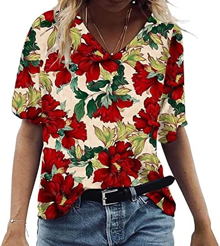 Camiseta solta para mulheres plus size floral estampa vil de pescoço de cola curta túnica túnica de verão camisas casuais