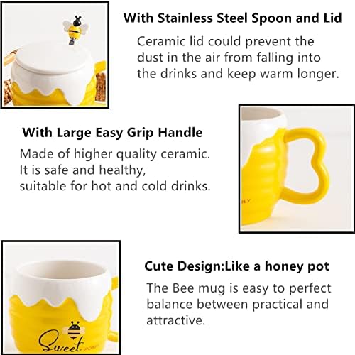 Caneca de abelha de vanuoda, xícara de chá fofa, caneca de café com colher de tampa, presentes de abelha, dia dos namorados