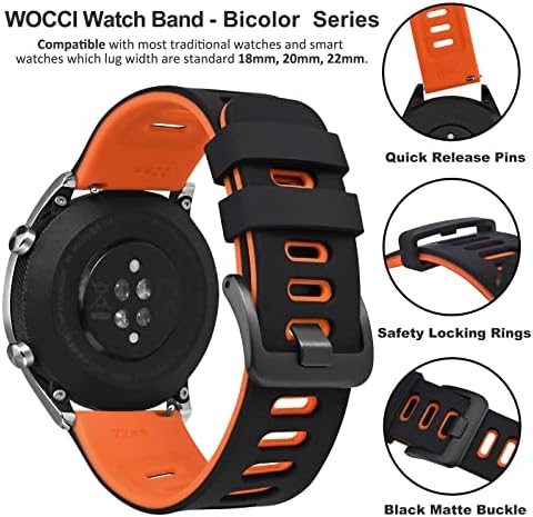 Wocci Bicolor Watch Bands, Borracha de silicone, tiras de substituição de liberação rápida para homens e mulheres, fivela de aço inoxidável, largura da banda 18mm 20mm 22mm