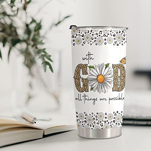Homisbes Christian Gifts for Women - Com Deus, todas as coisas são possíveis Copa da caneca de viagem - Daisy Leopard
