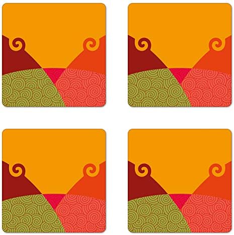 Conjunto de montanha -russa abstrata de Ambesonne de 4, design geométrico com redemoinhos e vórtices de estilo de arte abstrata estilo de coloração vintage, montanhas -russas quadradas quadradas, tamanho padrão, multicolor