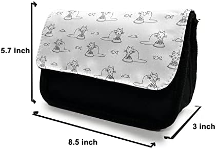 Caixa de lápis de gato lunarable, doodle felino e tigela de comida, bolsa de lápis de caneta com zíper duplo, 8,5 x 5,5, preto