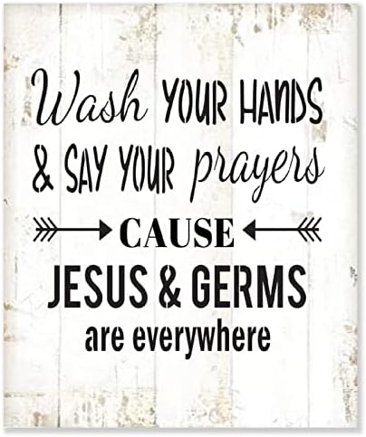 Signo de madeira vintage Lavar suas mãos e dizer suas orações, Jesus e germes estão em todos os lugares da cozinha